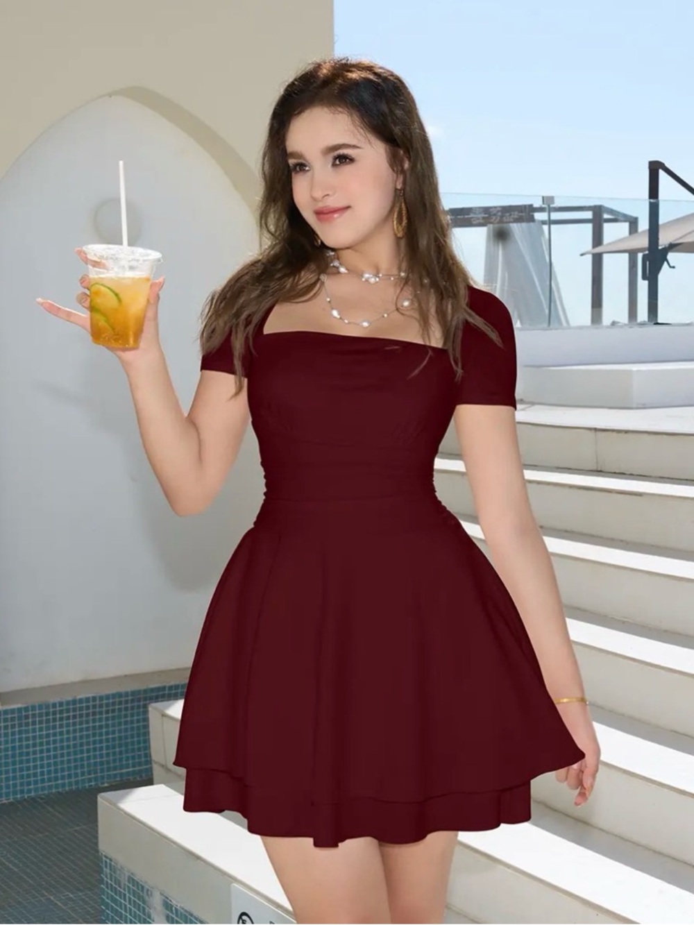 OYS TIK TOK SHOP SQUARE NECK 2 tiered mini dress wine red large